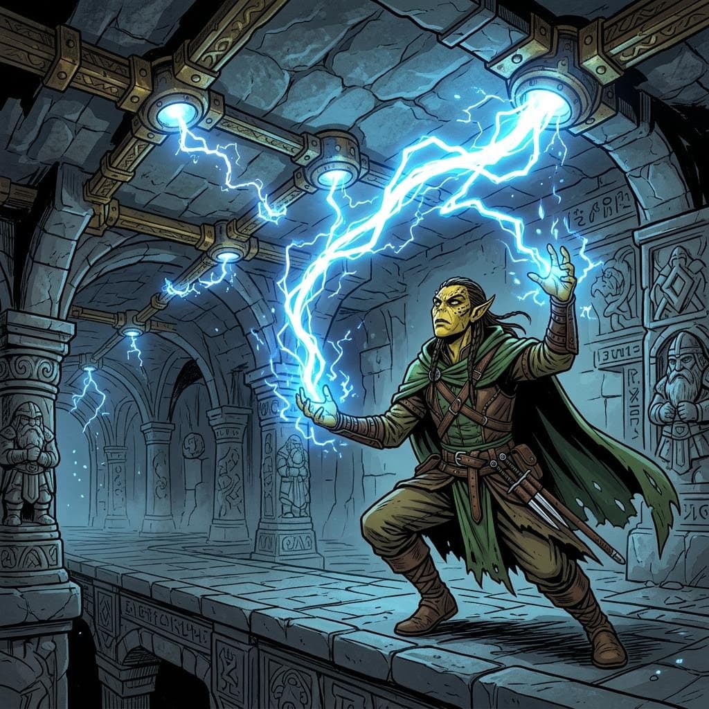 AI generated: a male githzerai ranger uses magic to bend and electrical current traveling from node to node on the...