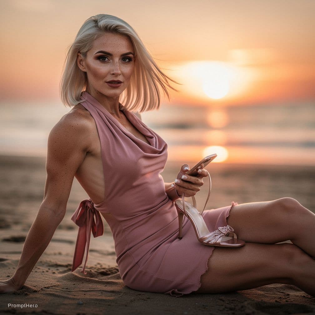 AI generated: Slavic Hot 33 year old Hot mom she Has tall Thick thighs lying on the Beach during sunset with natur...