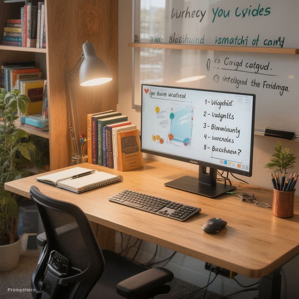 AI generated: Ultra-realistic professional student study setup, modern wooden desk, ergonomic black chair, warm LE...