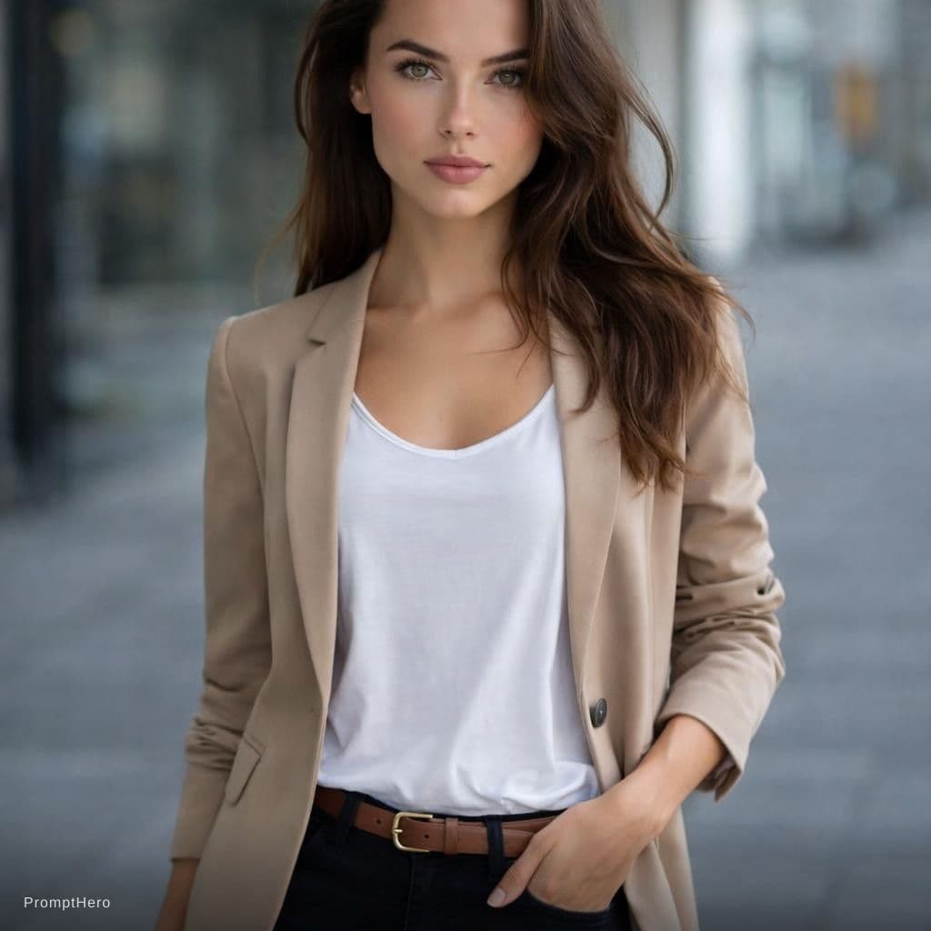 AI generated: create a long shot for this model I uploaded her face wearing a smart causal outfit 