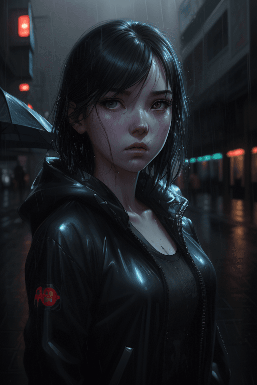 AI generated: a girl in street, (in a rainy night:1.2), (wet clothes:1.4), neon lights, hyper realistico rendering...