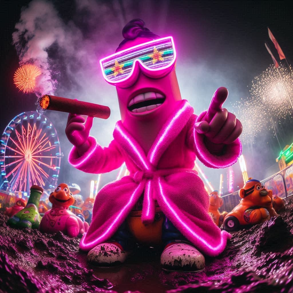 AI generated: Shreek con bata rosa y gafas de sol, está con cilindro de fumar en la feria de atracciones, posando ...