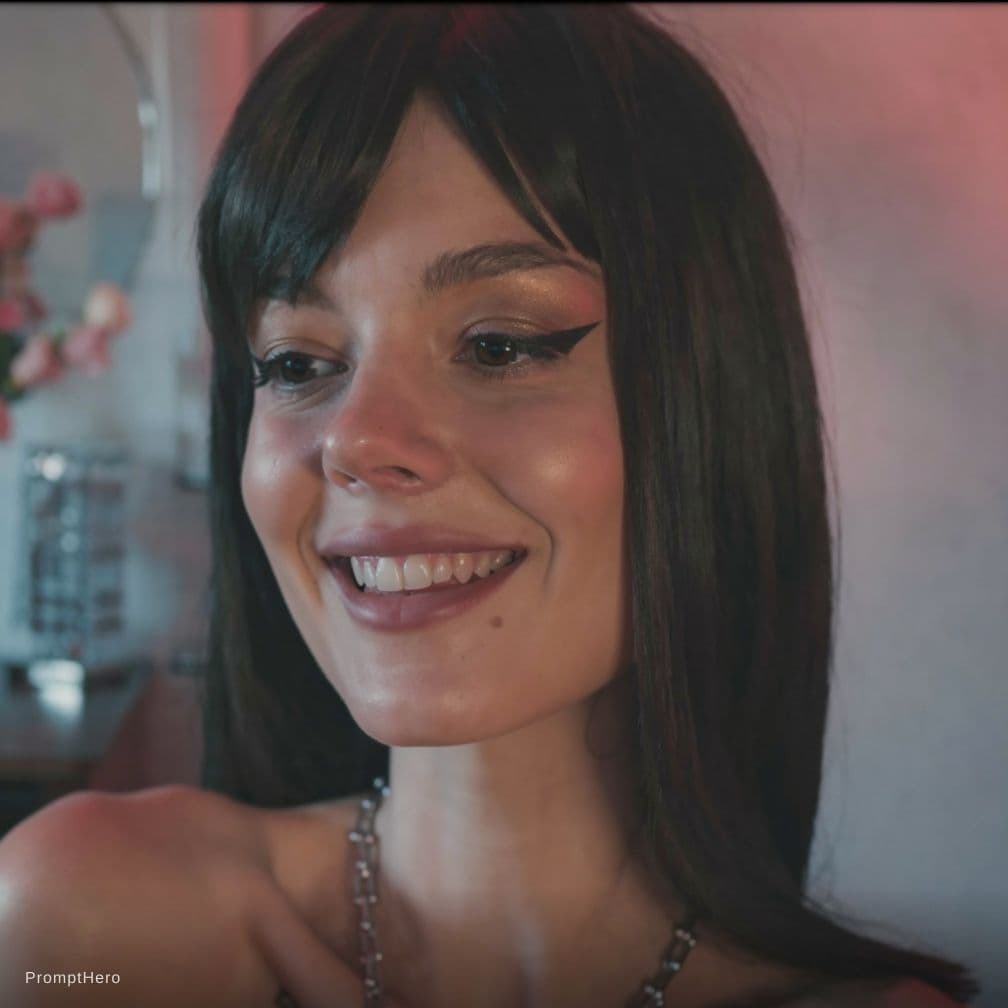 AI generated: Tight closeup of a bleach dark brunet haired woman. smile :)