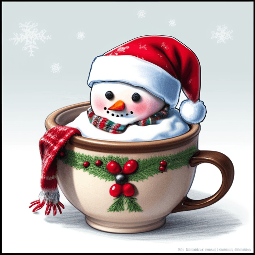AI generated: detailed drawing cup with christmas scarf snowman