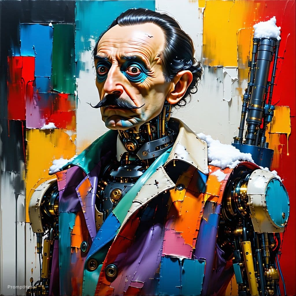 AI generated: Disco elysium style, colourful abstract brush strokes, paint portrait of Salvador Dali himself, with...