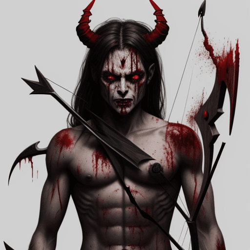 AI generated: demon, with shattered face, blood eyes, bow and arrows,12k
