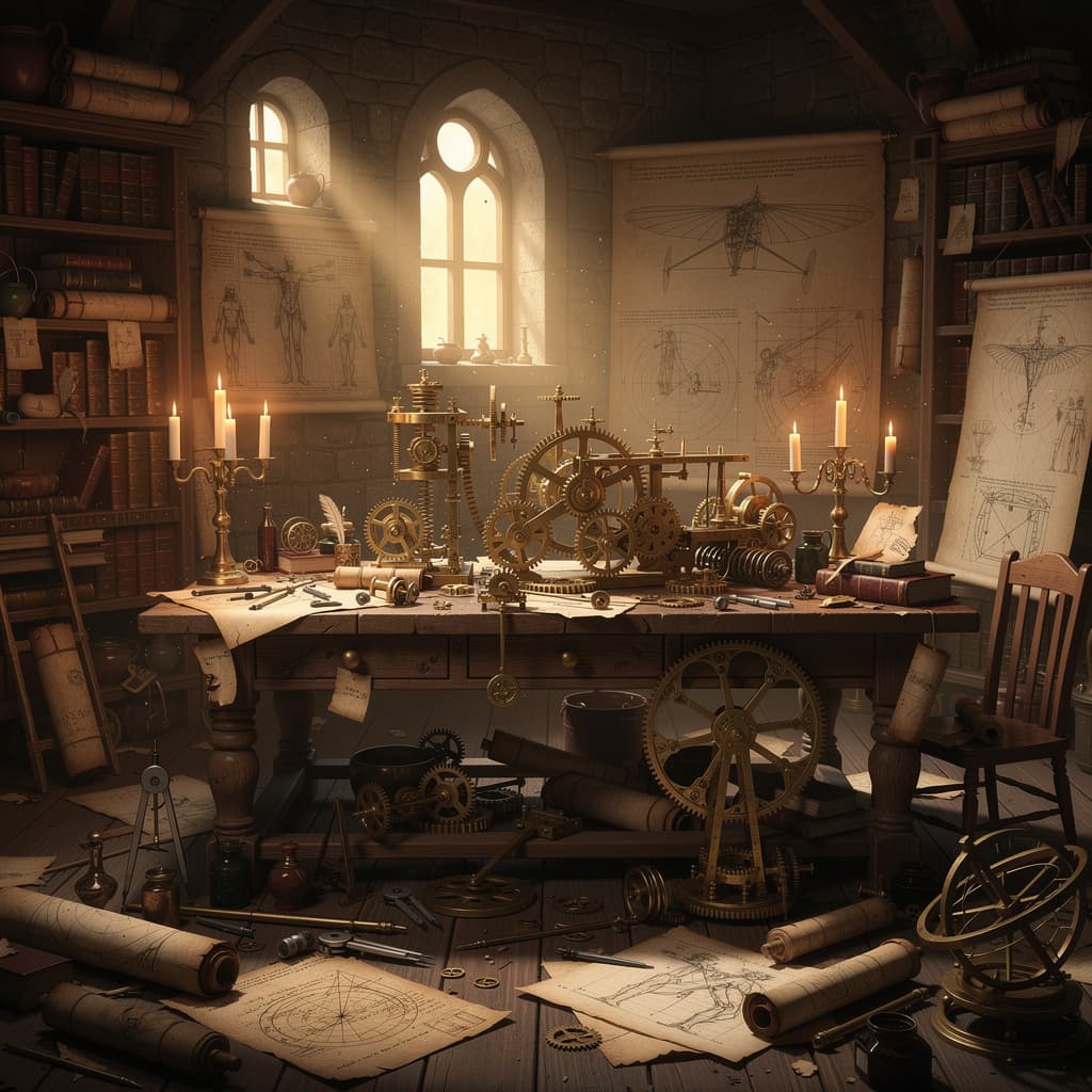 AI generated: renaissance inventor workspace, gears, mechanical parts, scientific tools, Leonardo-style sketches, ...