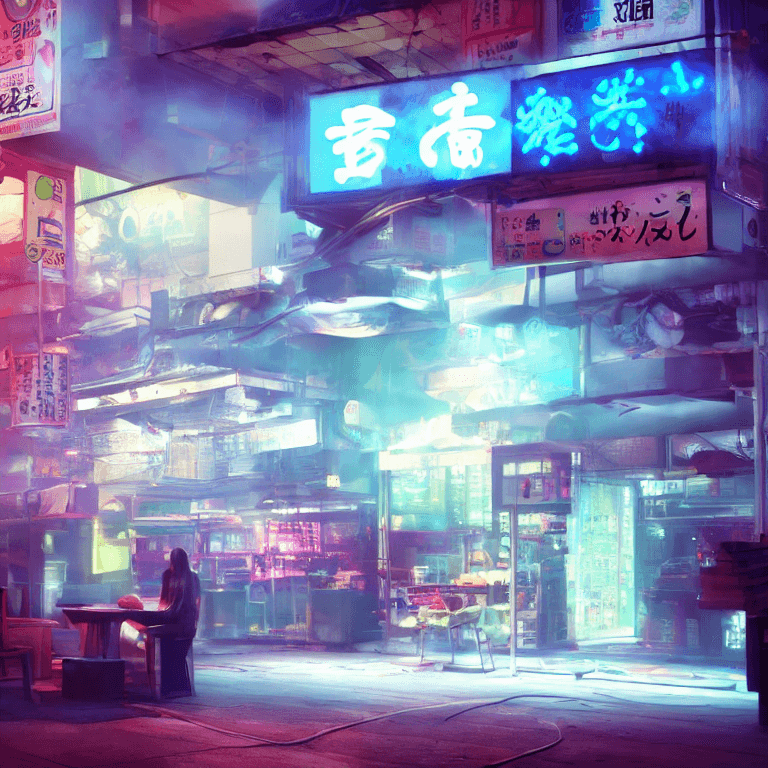AI generated: futuristic tempura food, night, japanese, neon light, volumetric smoke, volumetric light, octane ren...