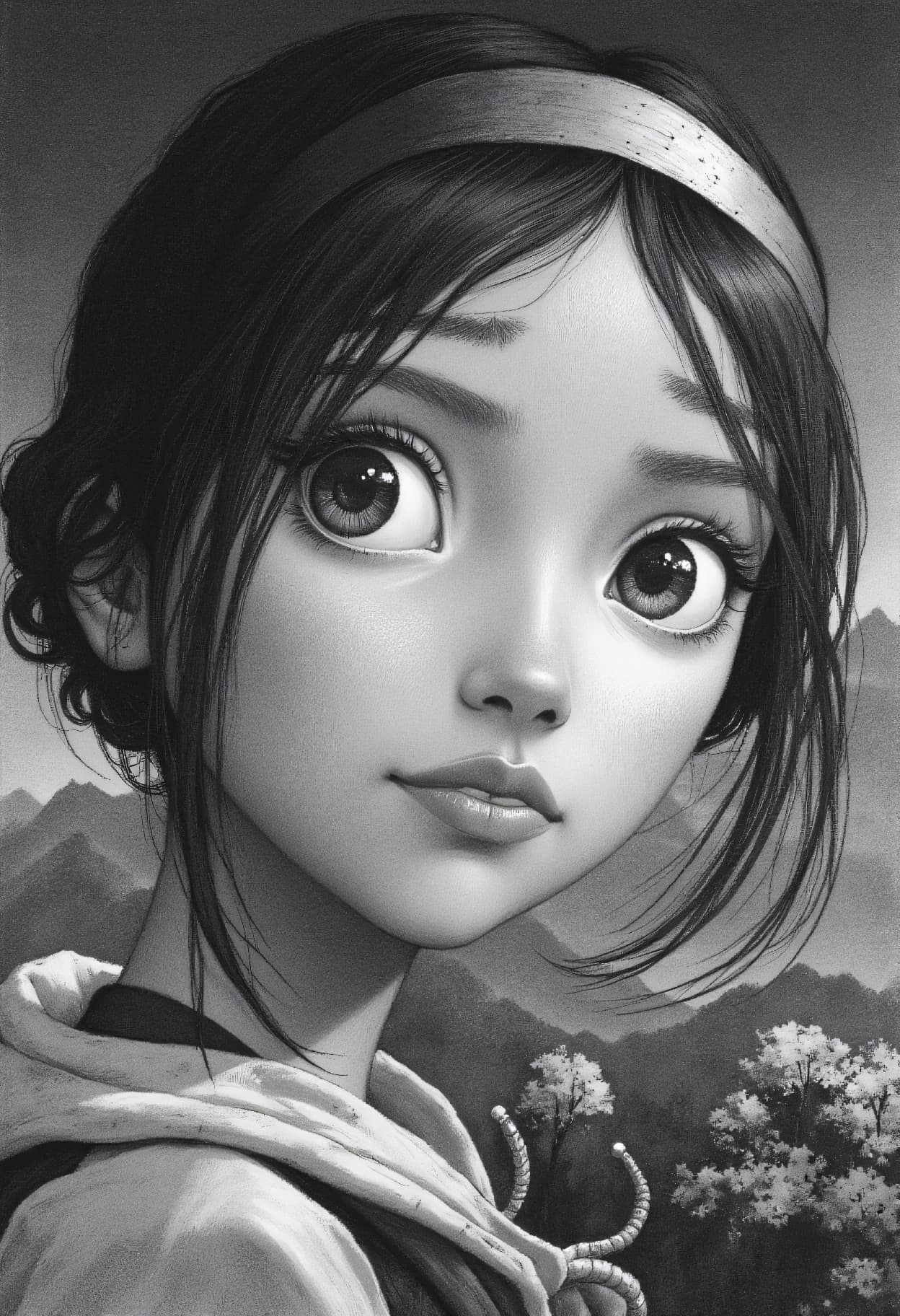 AI generated: anime extreme closeup portrait charcoal drawing of a 24-year-old Assyrian-Mori female adventurous ex...