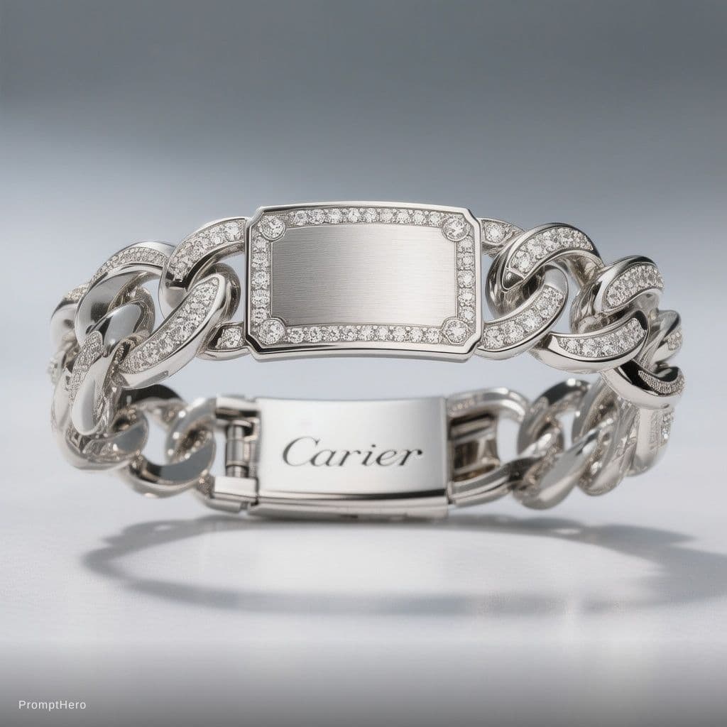 AI generated: Luxury 18K white gold ID bracelet with interlocking semi-hollow links, central brushed engraving pla...