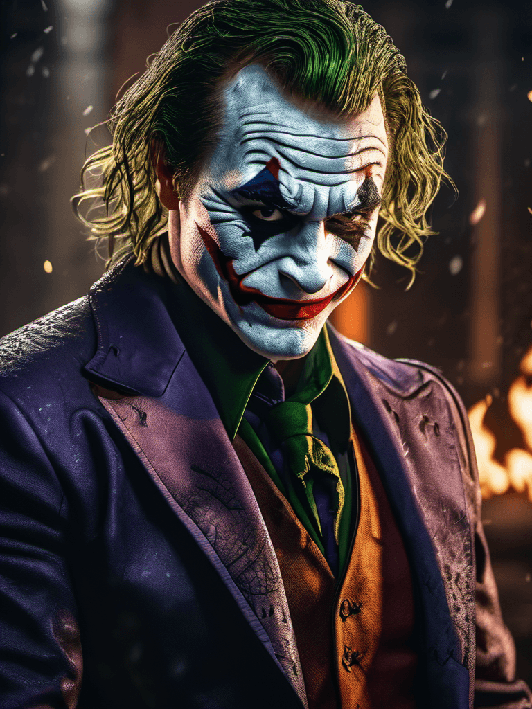AI generated: Joker risen from the ashes, sparks, evil smile, contour light, high contrast, depth of field, photor...