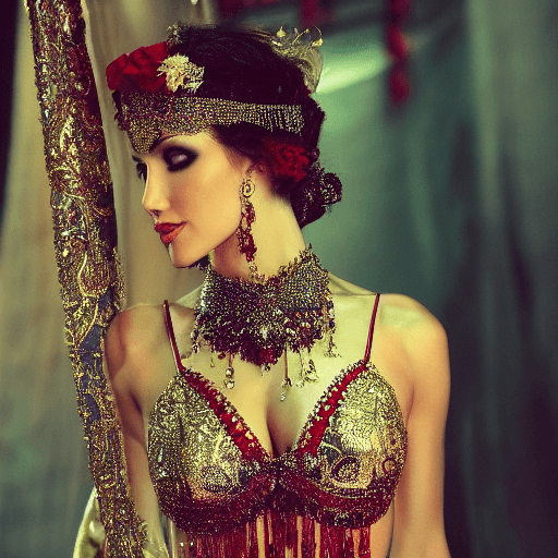 AI generated: I would like a high-resolution portrait of a stunningly beautiful 25 year old belly dancer wearing e...