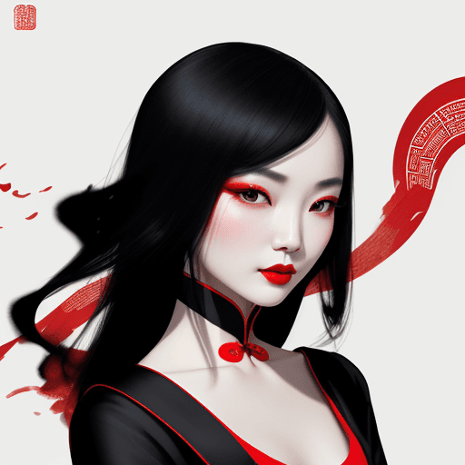 AI generated: Chinese ink style portrait of Chinese photographer Zhang Jingna, wearing a black dress and red lipst...