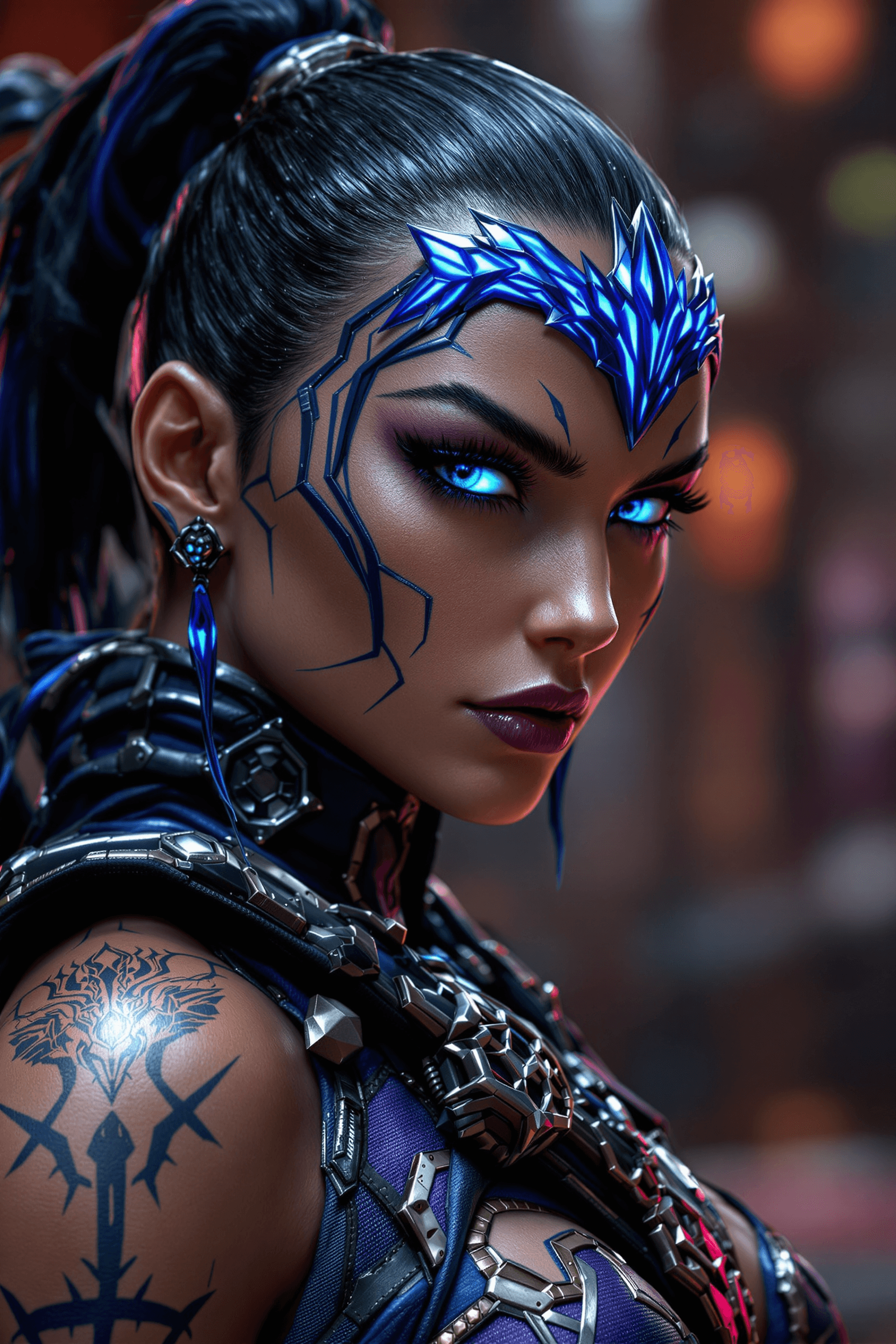 AI generated: Ultra realistic cyberpunk Kitana Mortal Kombat character wearing an intricate warrior suit deep blue...