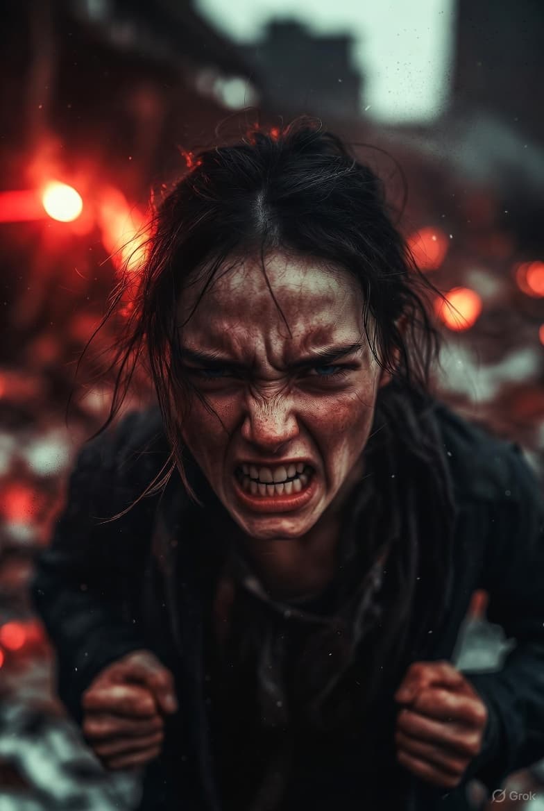 AI generated: Gritty, high-contrast photograph capturing a young woman in a state of intense, explosive hate. The ...