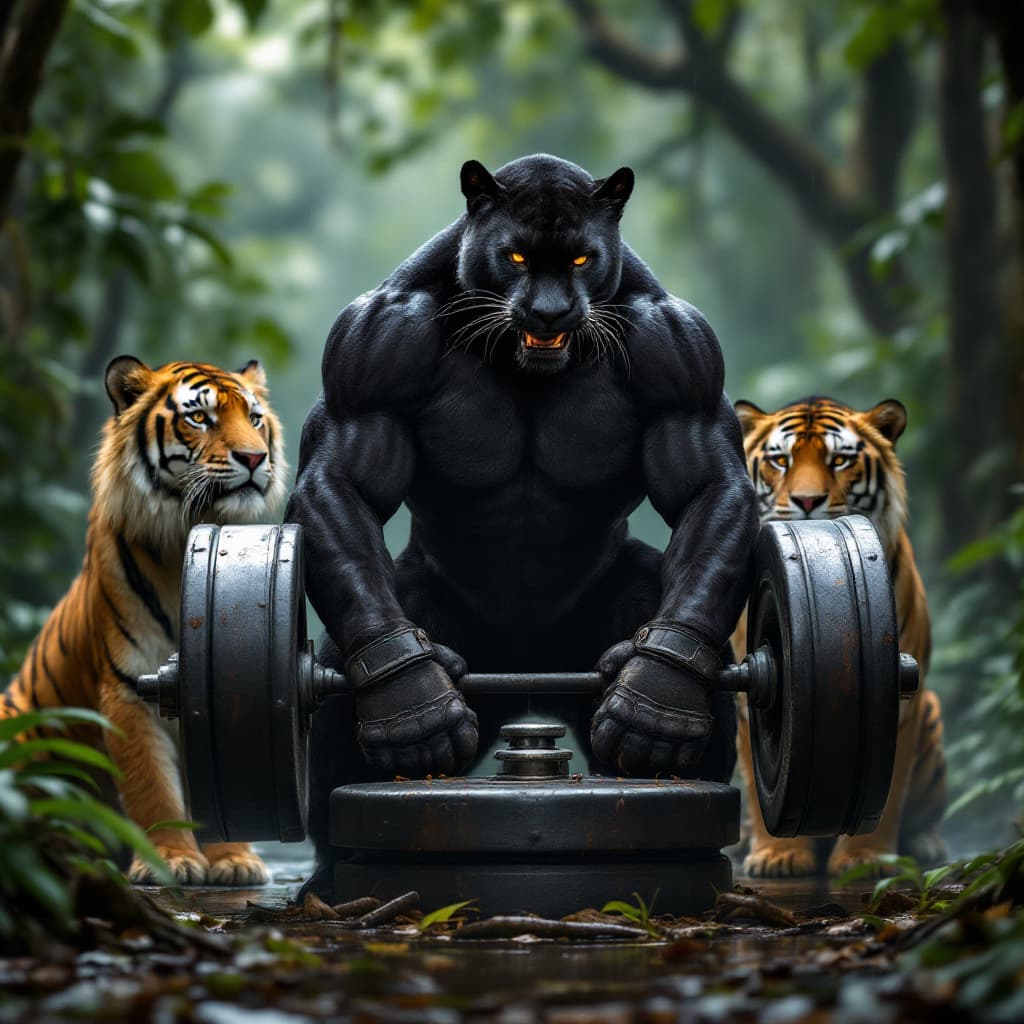 AI generated: a mighty black panther lifting free-weights with weight gloves on paws, in a wet African jungle, whi...