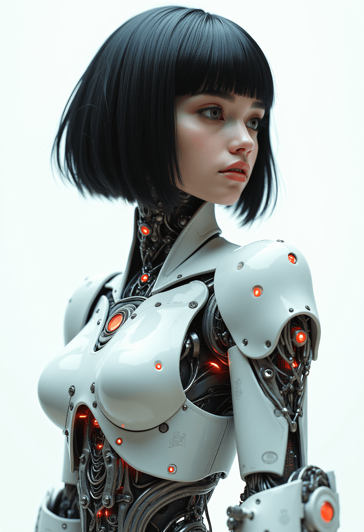 AI generated: Hyperdetailed cyborg half body shot, feminine android with glossy white porcelain skin, sleek black ...