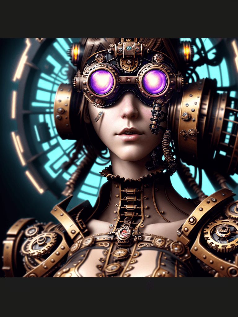 AI generated: (Steampunk vibe, Mechamuse aesthetic girl decorated with complex cyber goggles) Digital art, fractal...