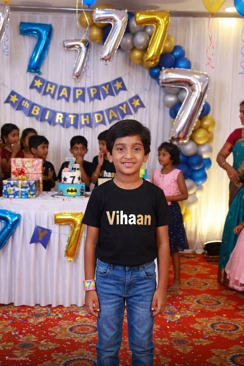 AI generated: 7th birthday theme and change the dress to half sleeves black t shirt with Vihaan on it and blue jea...