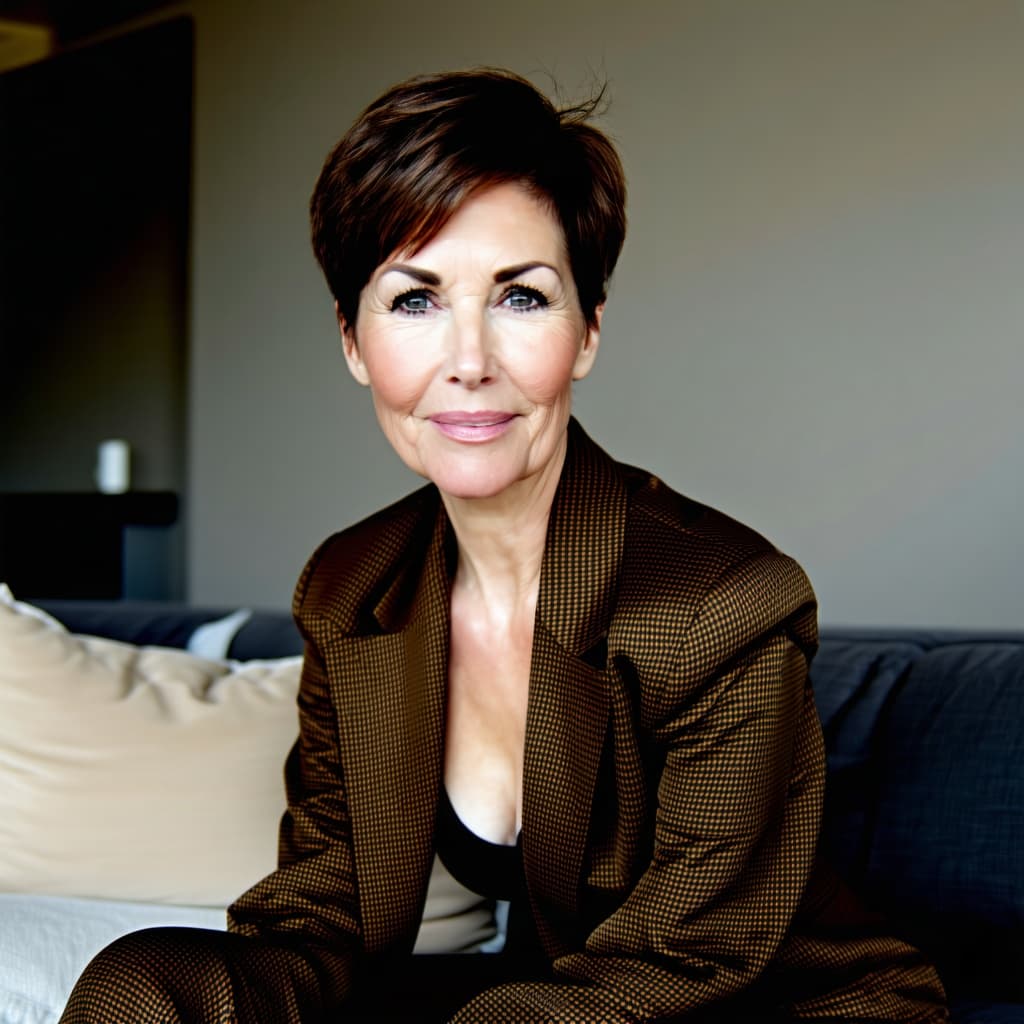 AI generated: A portrait of a milf with short dark brown hair, sitting on a couch, wearing a brown fantasy blazer ...