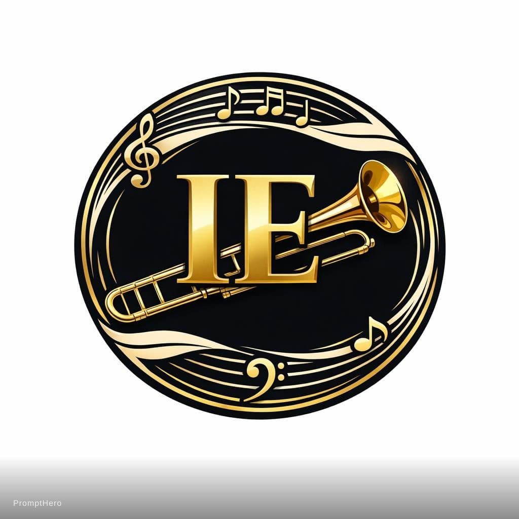 AI generated: "A stunning, circular emblem logo for an elite brass instrument store. The outer ring features a dyn...