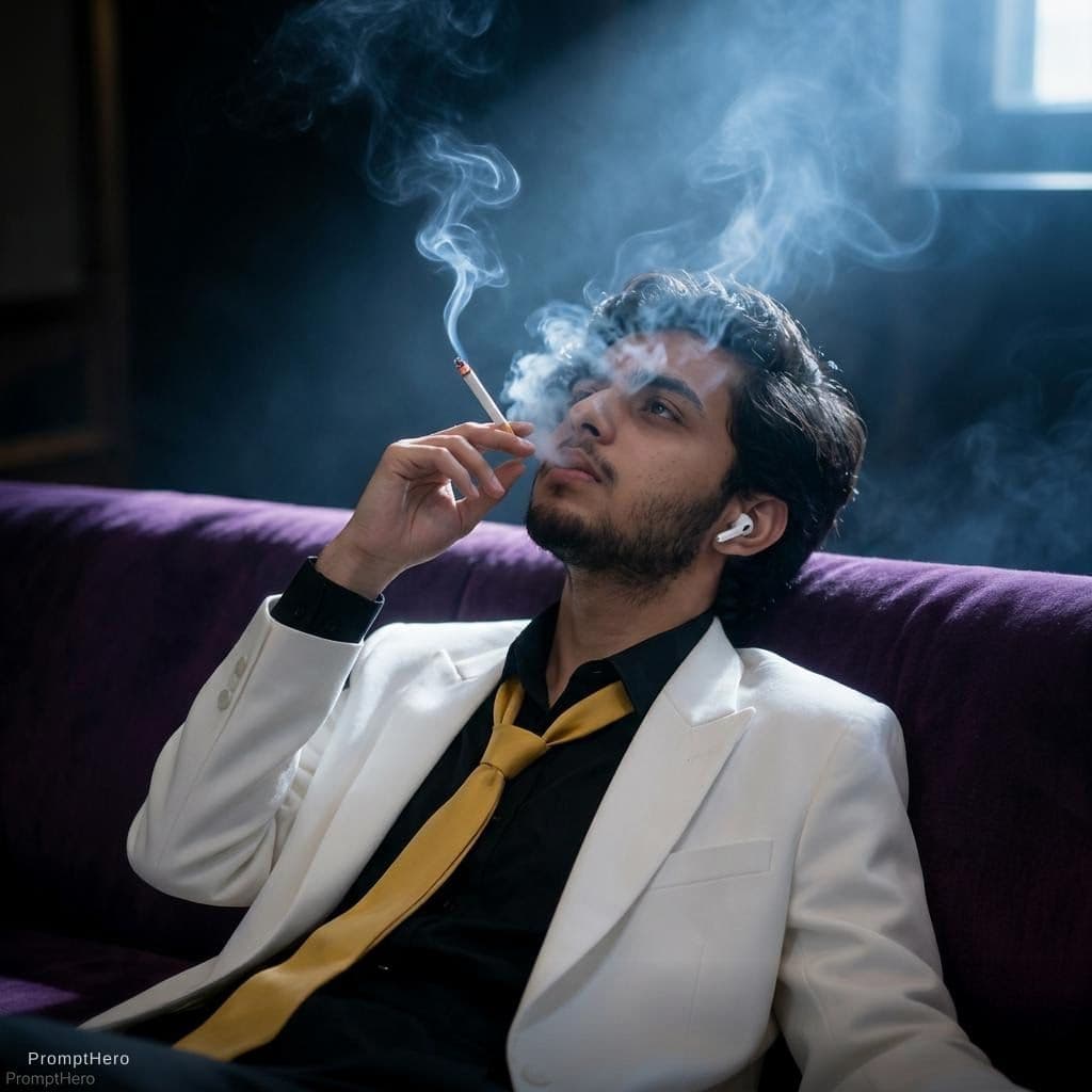 AI generated: snapshot, dimly lit room with a hazy atmosphere, capturing a lounging on a deep purple color sofa, w...