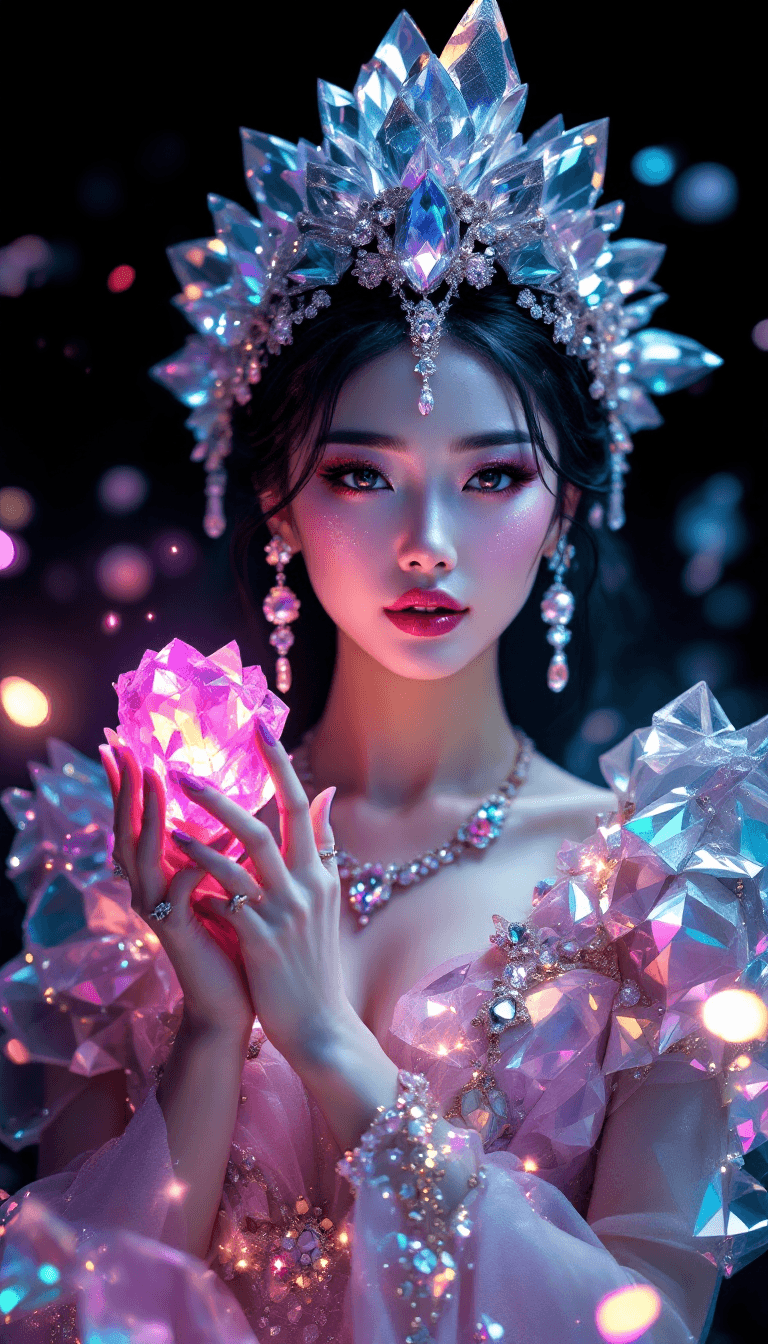 AI generated: photo of a glamorous Japanese queen wearing a haute couture crystal gown, sparkling eyes, she’s hold...