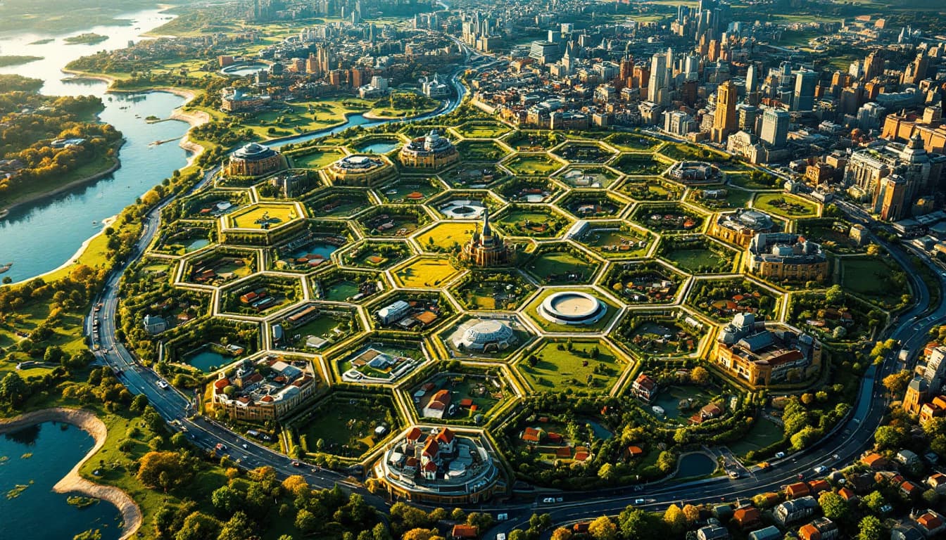 AI generated: A detailed aerial view of a futuristic city with a honeycomb center containing 25 hexagonal sections...