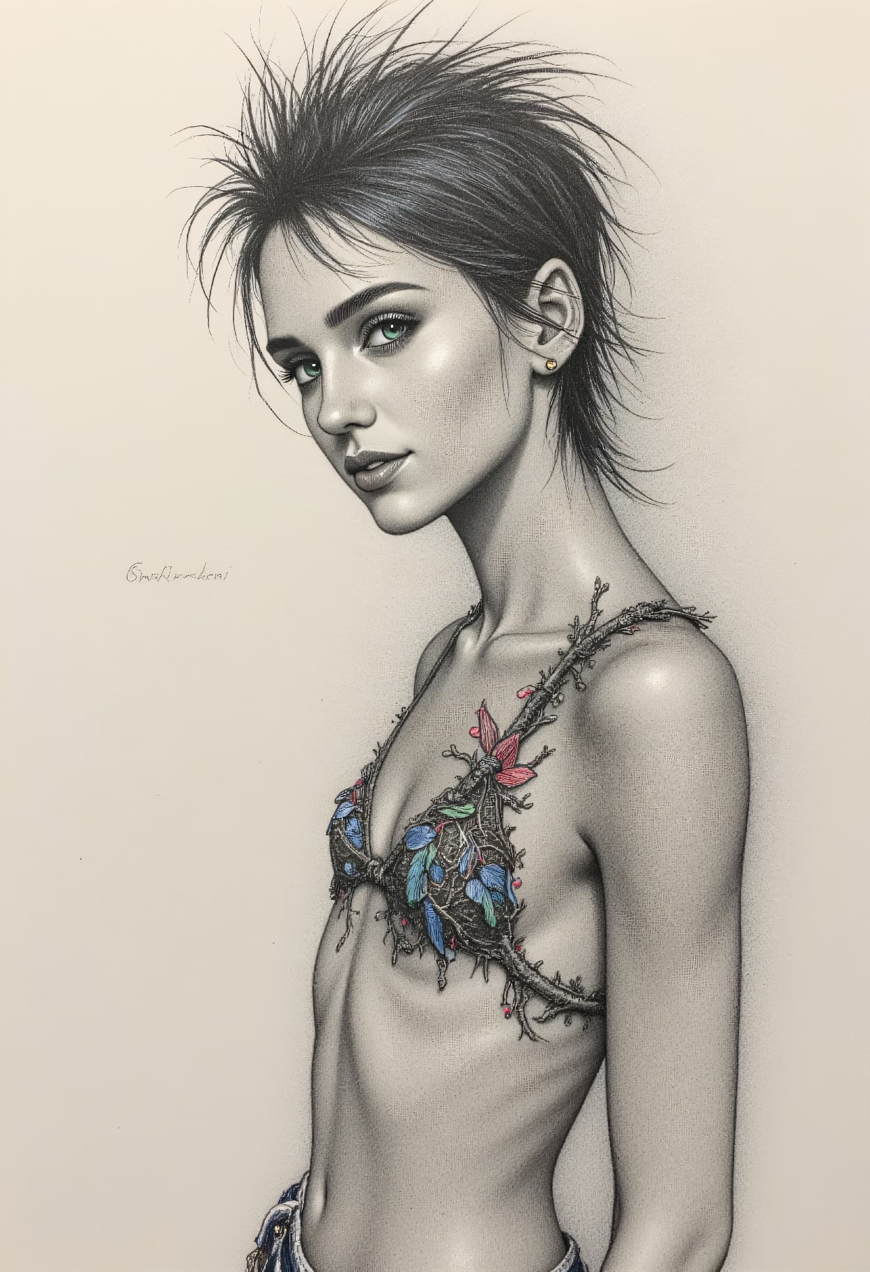AI generated: high angle pencil, ink and paint drawing of a 24-year-old Bavarian-Dani female natural bohemian beau...