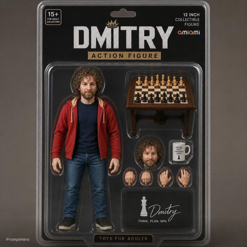 AI generated: a hanging card, Available in individual packaging, Toys for adults,a action figure of Dmitry, as an ...