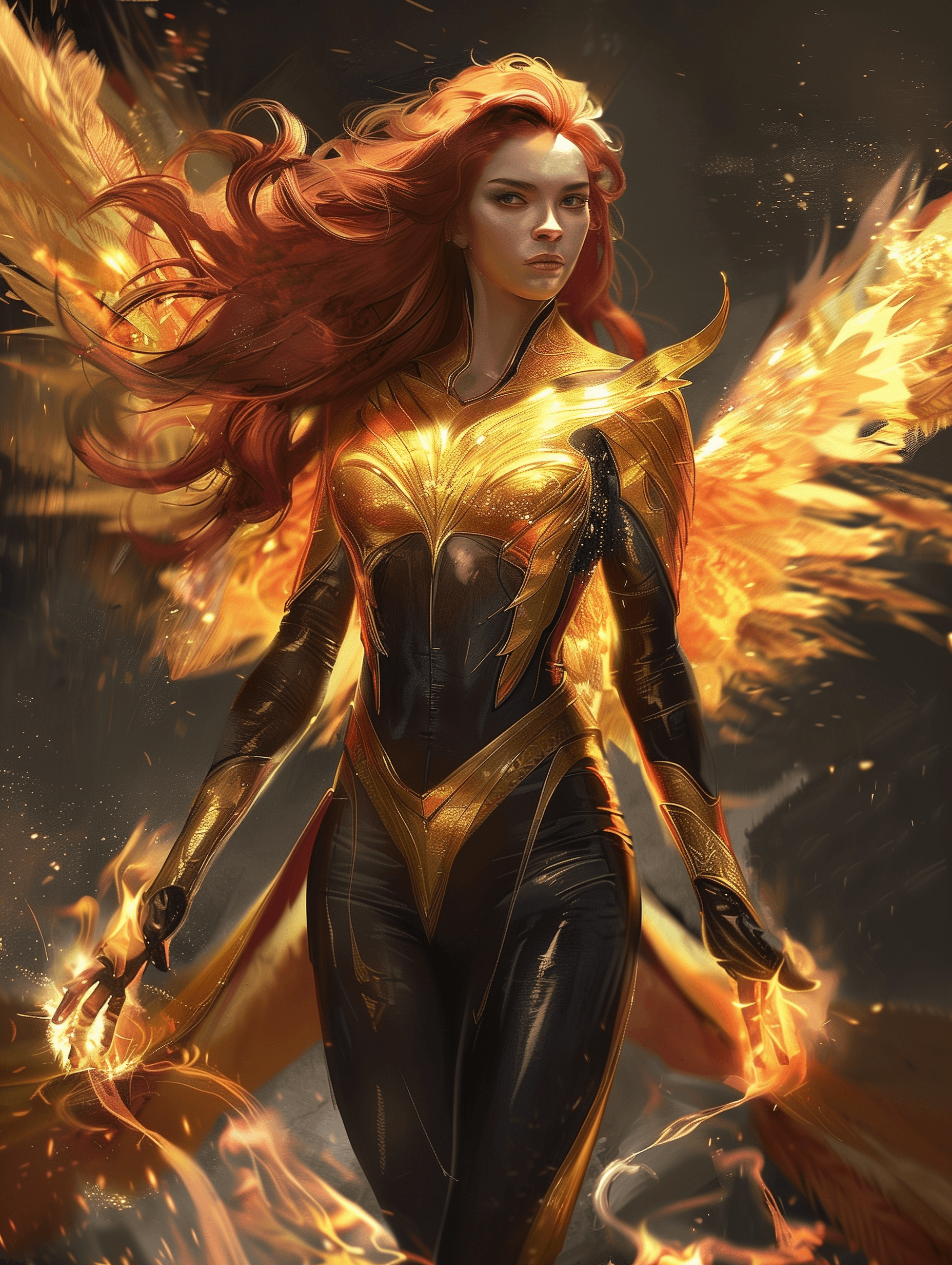 AI generated: a full body shot of jean grey in her phoenix costume character concept art by Roberto Ferri, epic sh...
