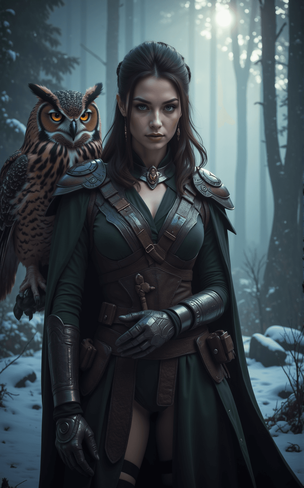 AI generated: In the heart of a winter valley, a breathtaking scene unfolds. A beautiful huntress, her features sh...