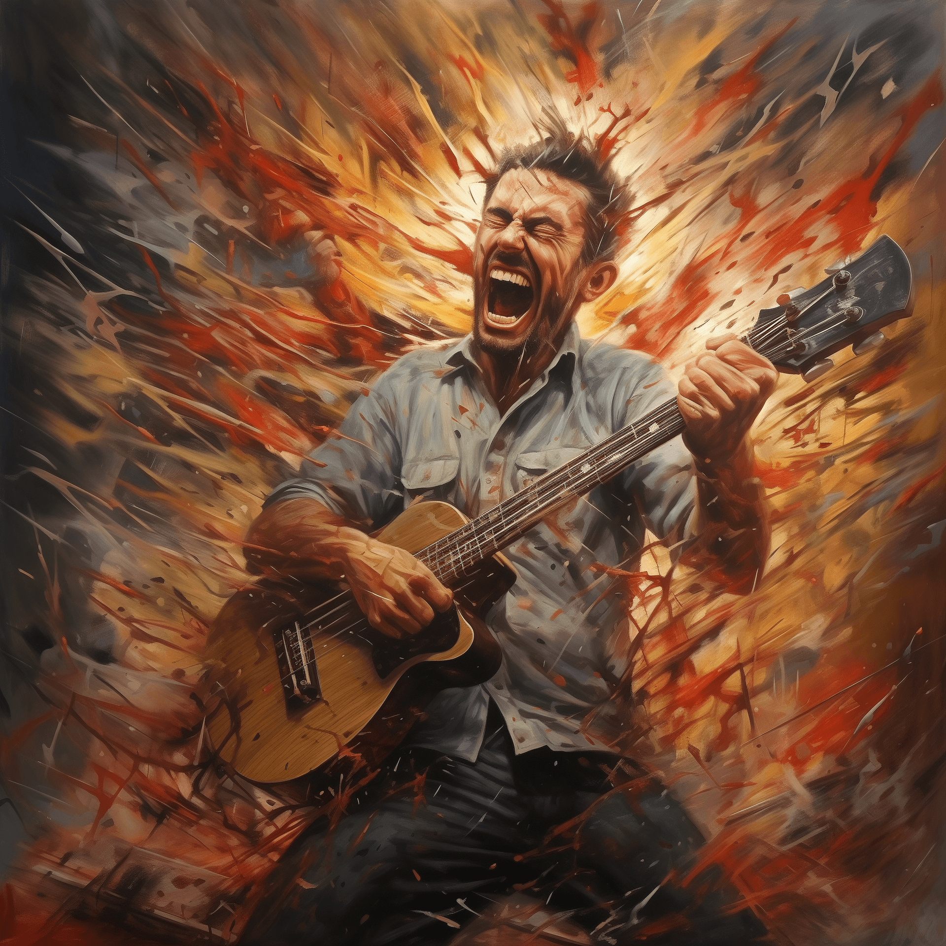 AI generated: a man in a frenzy of raw emotion, shredding on a guitar with a force that unleashes a tempest of fie...