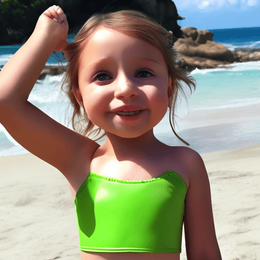 AI generated: a little girl with very tight cloths in bikini
