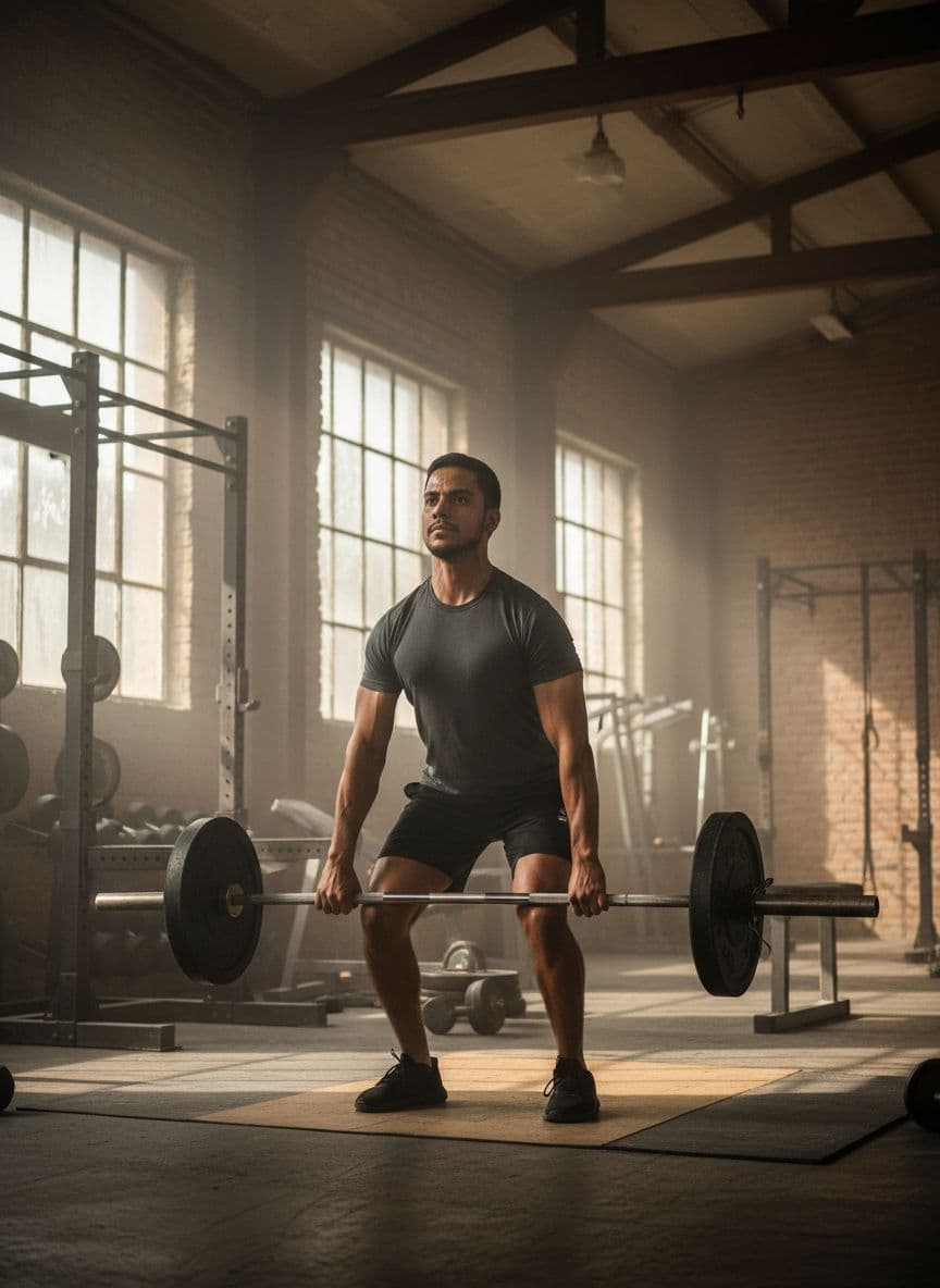 AI generated: Foto realista de un hombre levantando pesas en un gimnasio industrial, músculos tensos, sudor visibl...