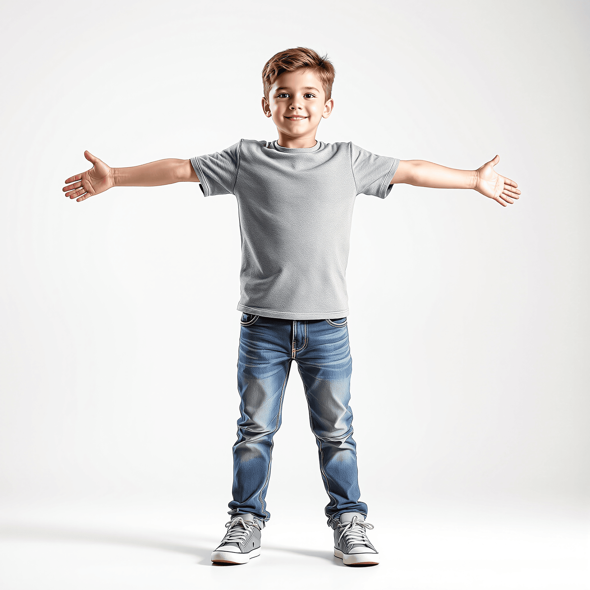 AI generated: A realistic 4D full-length photograph of an 5 year old boy standing in t-pose in jeans and sneakers,...