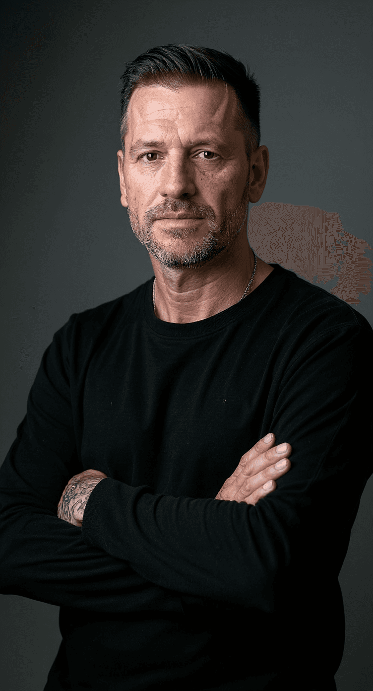 AI generated: photography, fashion male model, upper body, 45 degree, undercut hairstyle, some shaven face, garmen...