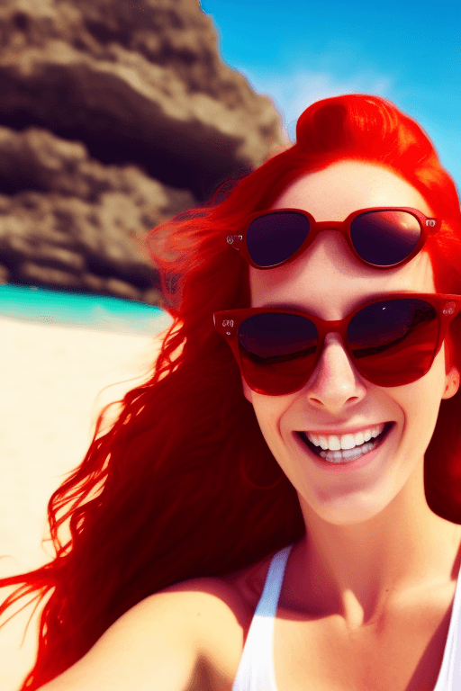 AI generated: A Selfie a cute female at the Beach, red Hair, sunglasses, smile