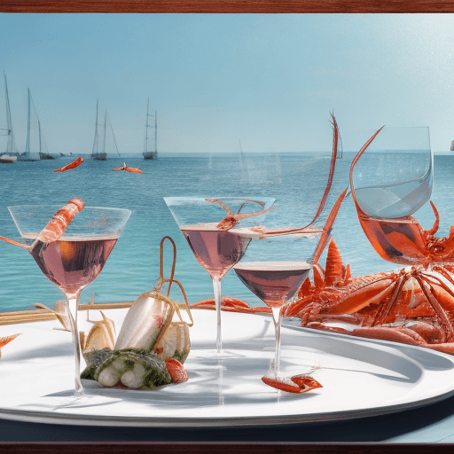 AI generated: Photo of two glasses of rose wine served in a bay with yachts around and accompanied by lobsters and...