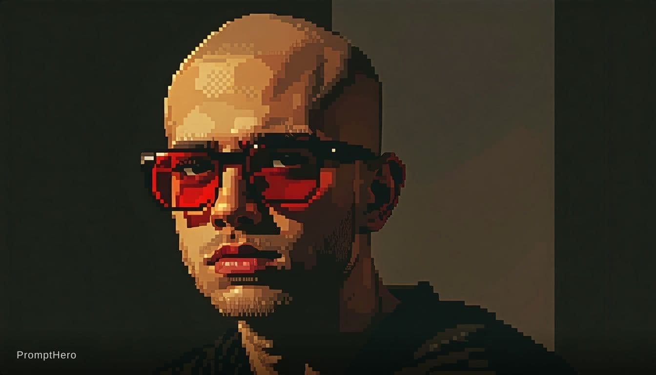 AI generated: 8-bit pixel art of A young bald man with red-tinted glasses