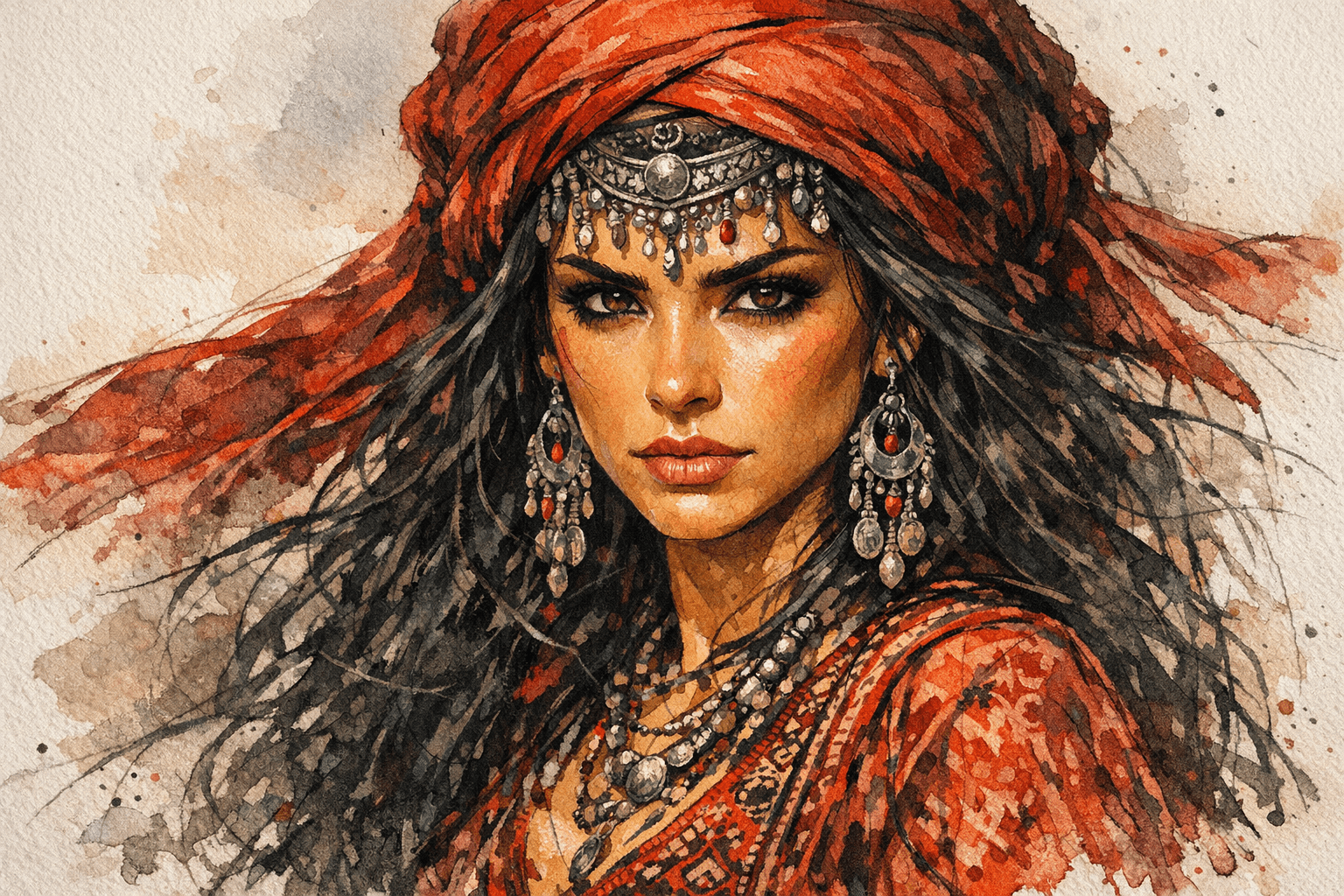 AI generated: Close-up 3/4 portrait of a fierce nomadic woman, long flowing black hair, large red headwrap/turban ...