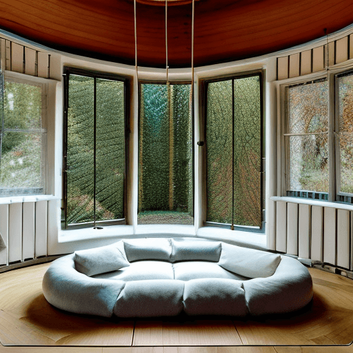 AI generated: High resolution photography interior design, dreamy sunken living room conversation pit, wooden floo...