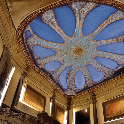 AI generated: Design d'intérieur de galerie d'art HD,  sol en néon rétro, haut plafond, atmosphère détendue