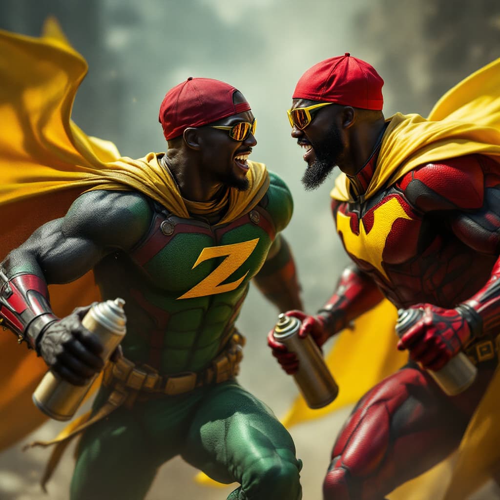 AI generated: Hyper real a blackman in a riddler green costume holding an oil bottle running towards an  african B...