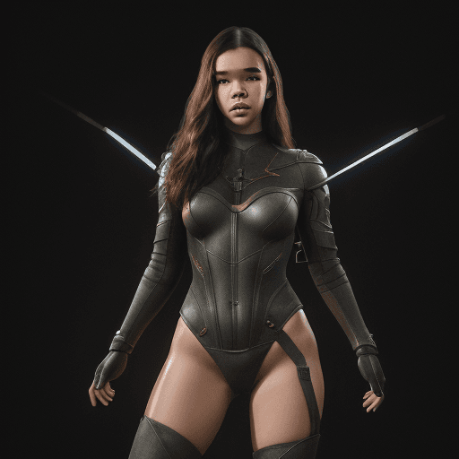 AI generated: hailee steinfeld, halfway down the thighs portrait, erotic pose, (a woman:archer), no dress, night, ...