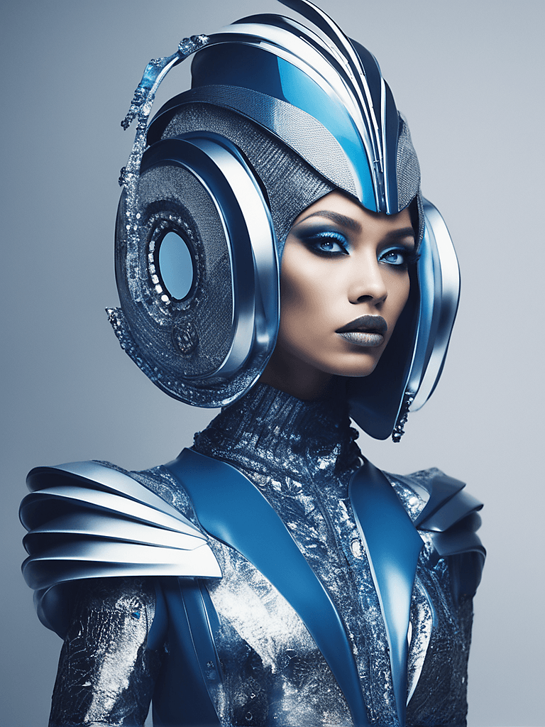 AI generated: a beautiful blue-eyes female pop artist, all silver, sleek futuristic outfit, headpiece centerpiece,...