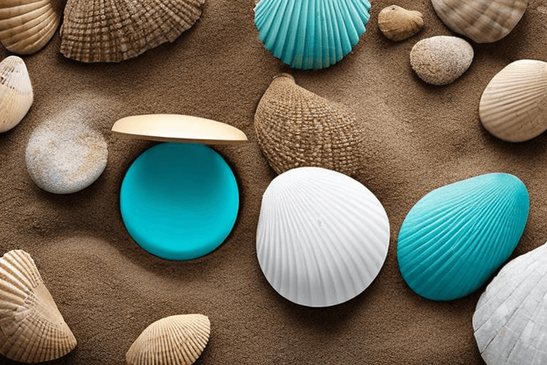 AI generated: Tiffany brand advertisment, sea sand and pebbles, open shell with a pearl