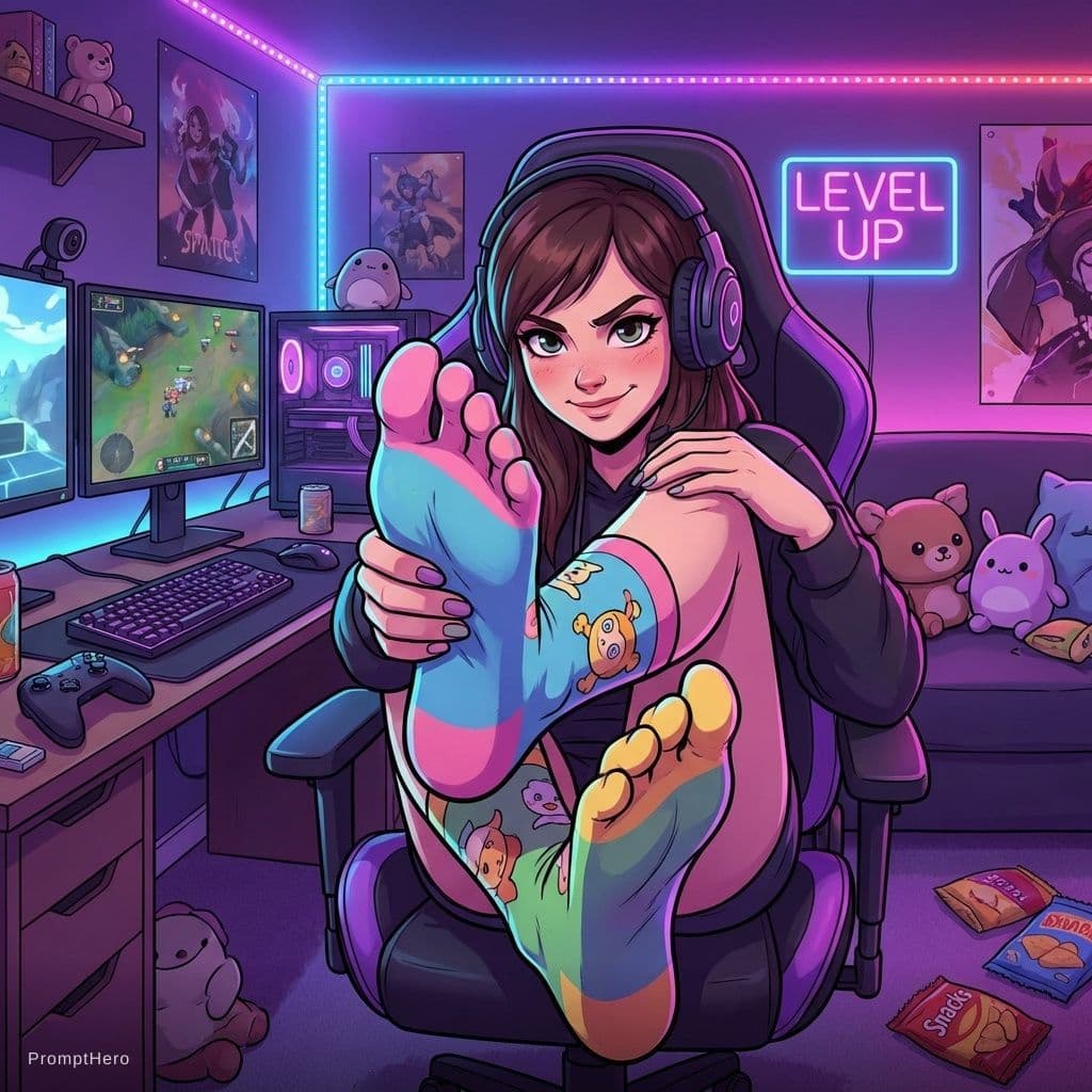 AI generated: Generate a detailed description for a digital artwork featuring a gamer girl showing her feet to the...