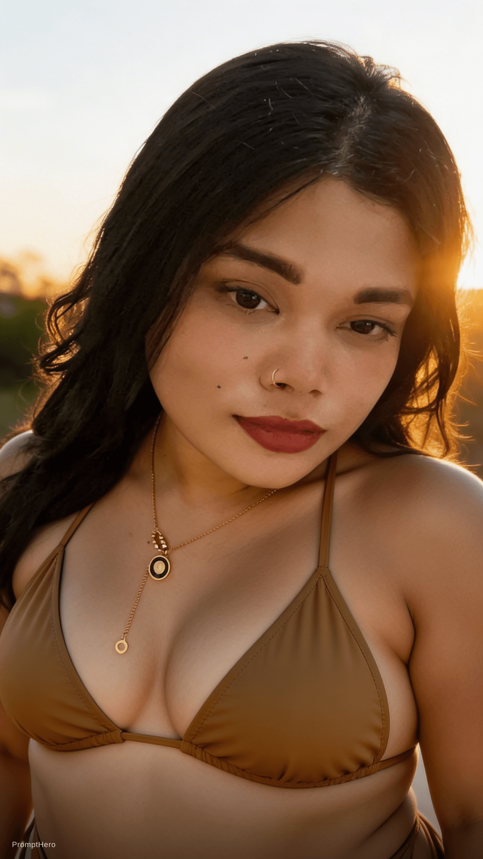 AI generated: She is chubby girl with big boobs small waist and wider hips.
She wearing bright browncolor hot biki...
