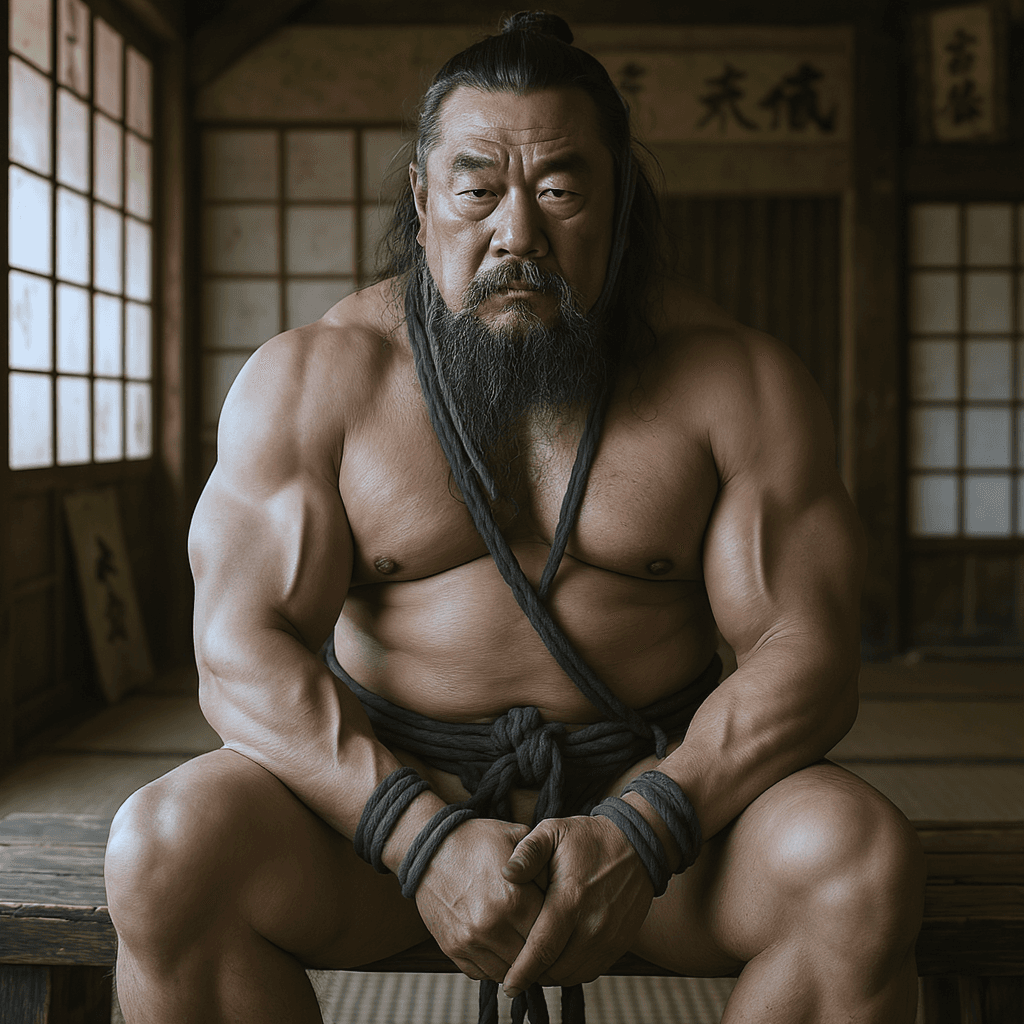 AI generated: Male bodybuilder, 381-year-old, bound in shibari ropes, seated on a bench in a Japanese tea House. 